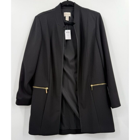 Chico's Sz 1 8/10 Jacket Black Sleek Crepe Duster Long Sleeve Gold Zip Open NEW - Picture 1 of 6